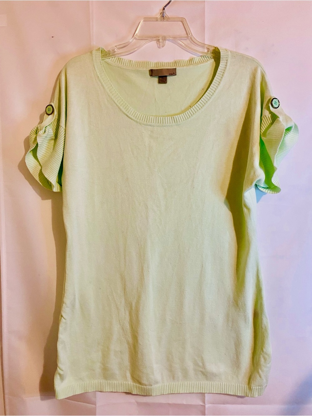 One A Light Green Short Sleeve Knit Top with Buttoned Ruffle Sleeves